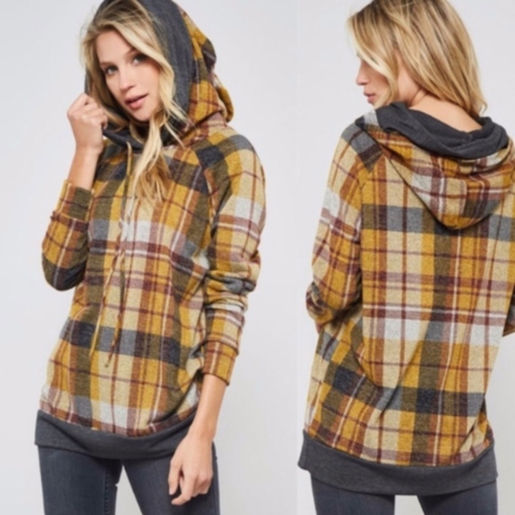 Bellanblue Tops - Bethanie Softest plaid Hoodie - MUSTARD